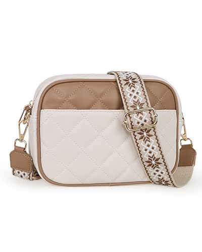 Prite Quilted Crossbody Bag for Women, Vegan Leather Handbag with Shoulder Strap, Small Purse with Card Slots(Beige Brown)