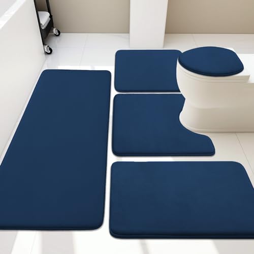 Image of YIHOUSE Bathroom Rug Set 5 Piece, Memory Foam Bath Mat Set, Super Absorbent Bath Mats for Floor - Non-Slip & Washable Bathroom Rugs - Dry Quickly Bath Rugs, Dark Blue