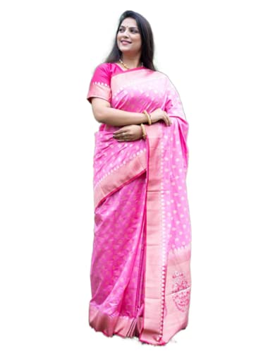 Stylish Indian Traditional Jacquard Silk Sarees Indian Silver Weaving Beautiful Women Saree Indian Girls Sari Dress For Bridal Sarees Ethnic Traditional Wedding Wear By CHOICE ESPECIAL EXPORT. (Pink)