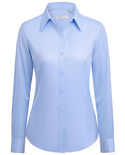 siliteelon Button Down Shirts for Women: Wrinkle Free Long Sleeve Classic Fit Collared Dress Shirt Solid Formal Office Blue S