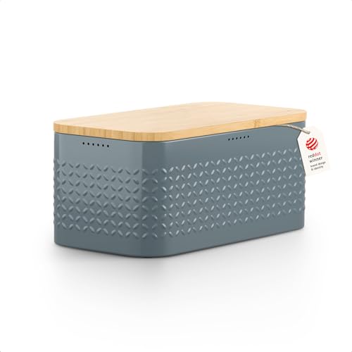 Image of LARS NYSOM Bread Box I Metal bread box for long lasting freshness with non-slip pads I Baked goods Bin with bamboo lid usable as cutting board I 13.6x7.3x6.2in (Stone Blue)