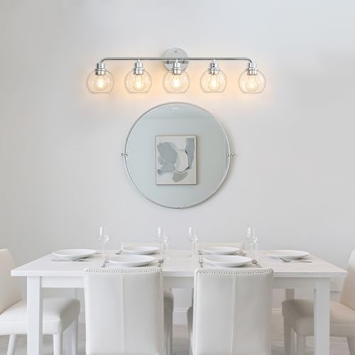 Image of Bathroom Light Fixtures Chrome Vanity Light Silver 5 Light Modern | Wall Sconces Lighting Bathroom Lights with Globe Glass Shades Bath Wall Lights for Mirror Kitchen Living Room Hallway 34.5 inch