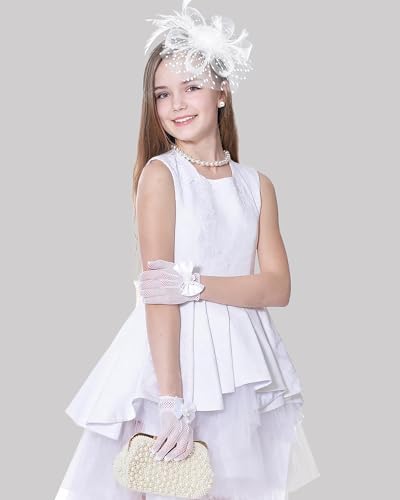 Girls Tea Party Fascinators Hats with Lace Gloves Pearl Necklace Earring Jewelry for Tea Party Wedding Accessories4