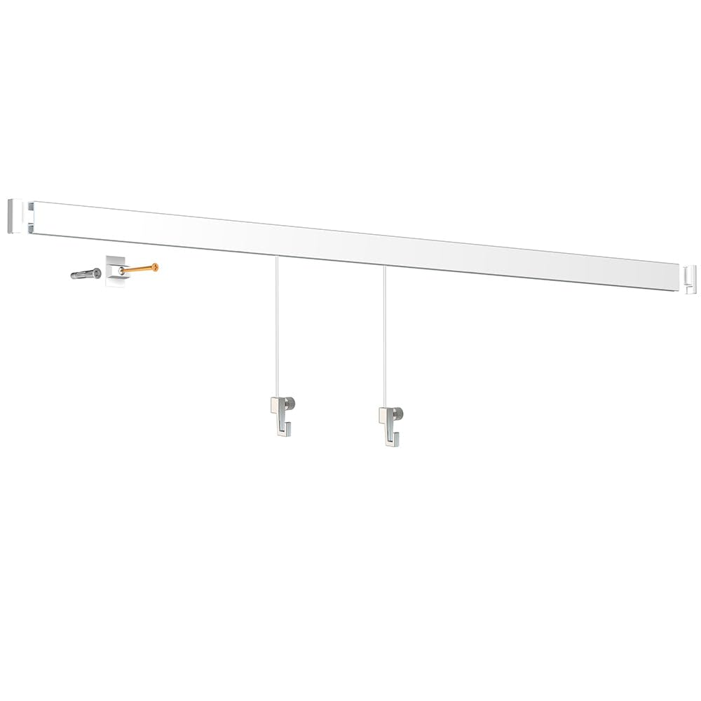 Artiteq Click Rail - Sistema di sospensione per pittura, 600 cm, primer bianco (RAL 9016), set completo di fili, ganci e materiale di fissaggio trasparenti, portata 30 kg p/m
