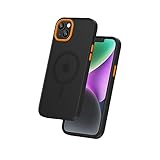 FLOLAB Surtect Tri-Fusion Magnetic for iPhone 14 Phone Case Protective Slim Design Magsafe Compatible Military Grade Black Frame Black Backplate Soft-Touch - Orange Blaze