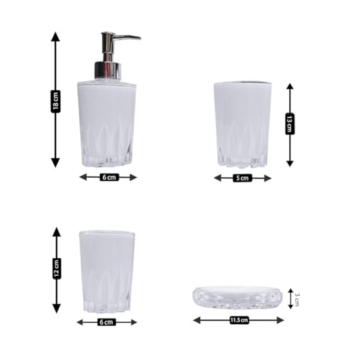 Image of Kookee Acrylic Bathroom Set - Stylish 4 Piece Bath Accessories Kit with Soap Dispenser, Toothbrush Holder, Tumbler & Soap Dish - Modern & Designer Decor for Home & Guest Bathrooms (8339)