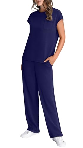 Image of WIHOLL 2 Piece Sets for Women Casual Summer Travel Vacation Outfits Cap Sleeve Lounge Set