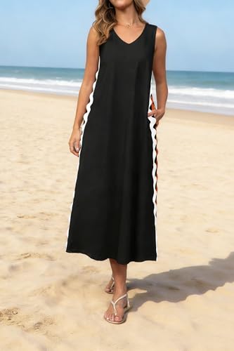 Image of utcoco Women's Summer Beach Boho Flowy Maxi Dress Casual Sleeveless V Neck Side Slit RIC Rac Tank Dress