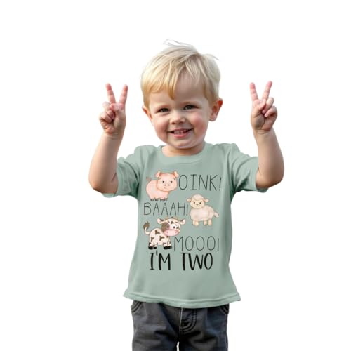 MODNTOGA Baby Boy 2nd Birthday T-Shirt Toddler Farm Animal Graphic Shirt 2 Years Old B-Day Party Top I’M Two Short Sleeve Tee