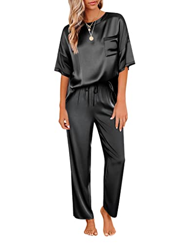 Image of Ekouaer Womens Satin Silky Pajama Set Short Sleeve Shirt with Long Pajama Pant Set Soft PJ Loungewear
