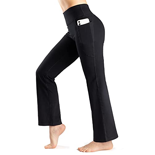 Trideer Damen Bootcut Yogahose mit Taschen, Bauchkontrolle, Workout-Hose für Frauen, Stretch, Bootleg, schwarz, Mittel Cover