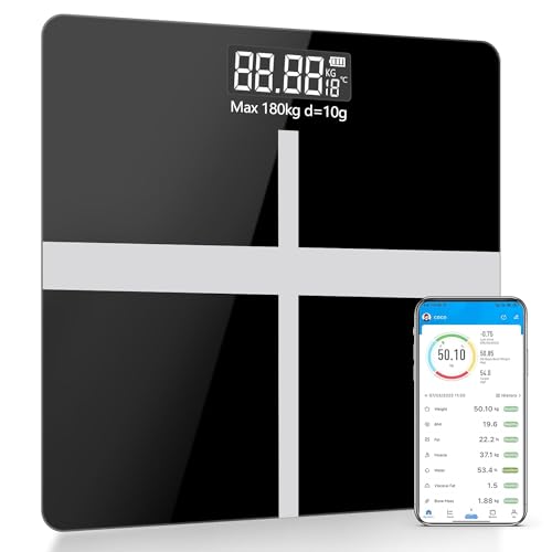 JINER Báscula Grasa Corporal Bluetooth, Báscula Baño Digital con APP Inteligente, 12 Monitores de Composición Corporal, para Andriod y iOS