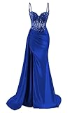 Spaghetti Straps Satin Prom Dresses for Women 2025 Ball Gown Mermaid Pleated Corset Cocktail Dress with Slit US8 Royal Blue