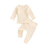 ITFABS Preemie Newborn Coming Home Clothes Long Sleeve Wrap Kimono T Shirt Tops Pants Set Spring Fall Outfit Baby Girl Clothes (Beige, Newborn)