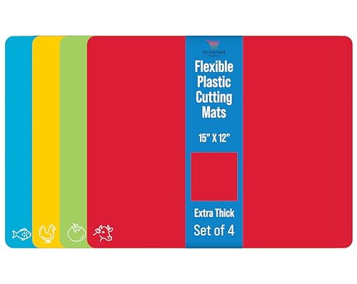 Better Kitchen Products Extra Thick Flexible Plastic Cutting Board Mats, Set of 4, Color Coded with Food Icons, Waffle Back Grip Underside