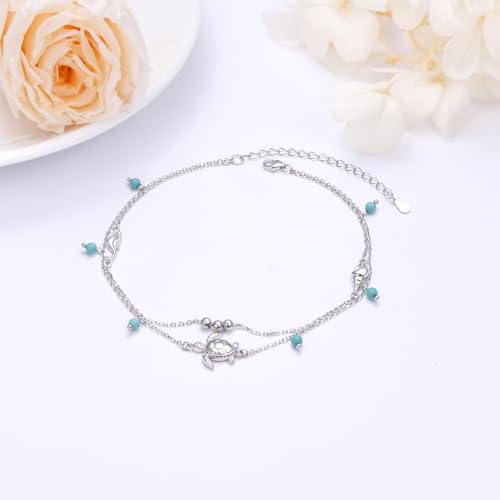 Image of Flyow Anklet for Women S925 Sterling Silver Adjustable Foot Beaded Heart Charm Ankle Bracelet Anklets Jewelry