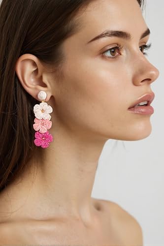 Summer Raffia Flower Earrings, Raffia Straw Wrapped Gradient Ramp Floral Statement Spring Beach Rattan Handmade Earring for Women, Boho Dangle Jewelry Gift - White/Pink/Blue2