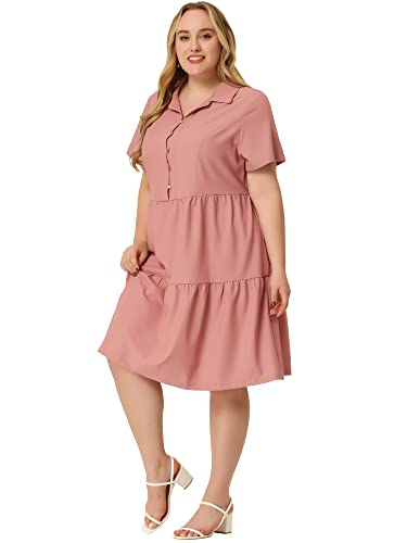 Image of Agnes Orinda Plus Size Chambray Dress for Women Short Sleeve Button Down Flowy Tiered Shirt Dresses