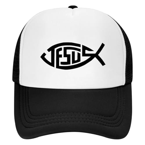 Tijeyi Jesus Fish - Sombreros negros para hombre, gorra de béisbol de malla con cierre a presión, gorra de béisbol de fe cristiana, gorra de camionero ajustable de 5 paneles, accesorios religiosos