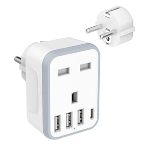 Loydia European Travel Adapter – 5 in 1 UK to EU Adapter with 4 USB Ports, UK to Turkey Travel Plug, Grounded Schuko Plug for Germany, France, Spain, Portugal, Poland, Austria (Type E/F)