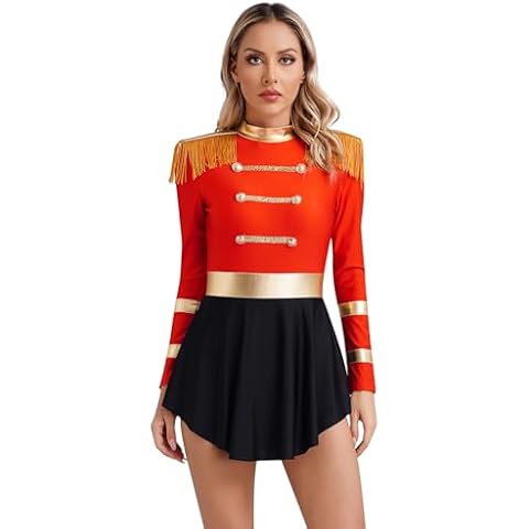 Oyolan Women's Halloween Circus Ringmaster Costume Carnival Party Dance Dress Leotard Tassels Dancewear Red Small Cover