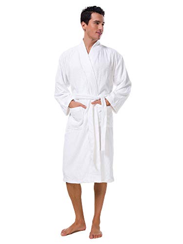 SIORO Mens Robes Terry Cloth Kimono Bathrobe Cotton Towel Bath Robe Soft Shower Spa Hotel Hot Tub Calf Length Long Sleepwear, Pure White Large4