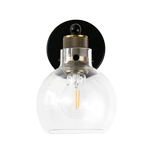 Image of MONKFISH Modern Industrial Wall Sconce Light with Glass Globe Shade, Black & Brass Wall Lamp Fixture for Bathroom, Bedroom, Hallway & Living Room, E26 Socket, UL Listed