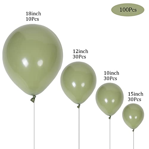 Image of 100pcs Sage Green Balloons 18 inch +12 inch +10 inch +5 inch Party Eucalyptus Olive Green Birthday Balloon Baby Shower Wedding Balloons
