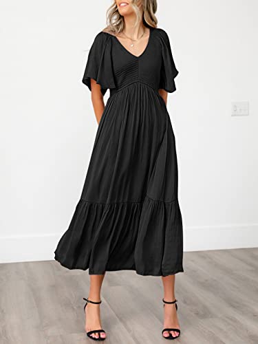 Lillusory Black Maxi Dresses For Women Summer Long Trendy Casual Flowy Funeral Short Flutter Sleeve Dress With Pockets #TOP3