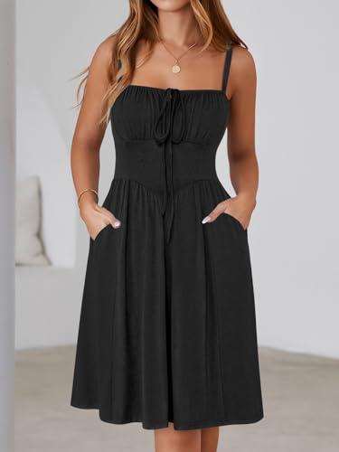 Image of YATHON Summer Mini Corset Sun Dress for Women Short Casual Square Neck Lace Up Floral Beach Vacation Dresses with Pockets