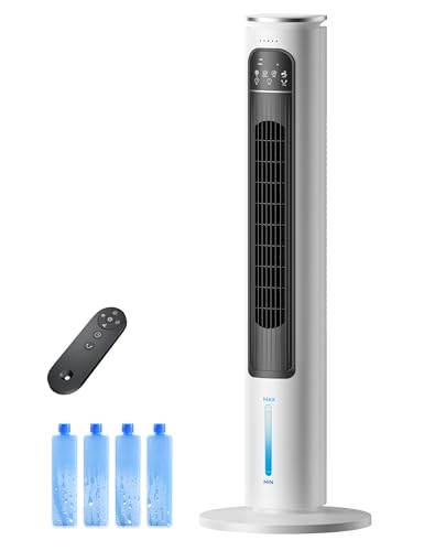 Windowless Portable Air Conditioner Ac Unit with Remote,37” Ventless Evaporative Air Cooler,Quiet Swamp Cooler for 4 Modes, Ductless Tower Fan For 12H Timer, Ice Packs for home White