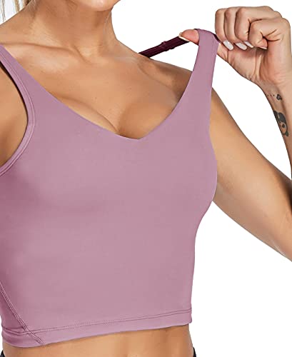 Image of Oalka Sports Bra Womens Longline Padded Crop Yoga Tank Tops | Built in Bras, Workout, Athletic, Fitness, Super Soft, Comfort, Cropped Top, Removable Pads, Heart Neckline For Women