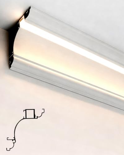 Molduras Techo Canal Difusor para LED de Aluminio 5 6 8 10 20 30 40 50 60 pies, Luz Lineal para Teatro Dormitorio Cornisa Techo, Perfil Rodapié con Tapamolduras(S,2ft/24in/61cm)
