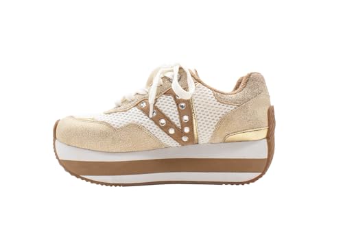 VOLATILE Womens Beckett Rhinestone Metallic Platform Lace Up Sneakers Shoes Casual - Beige, Gold