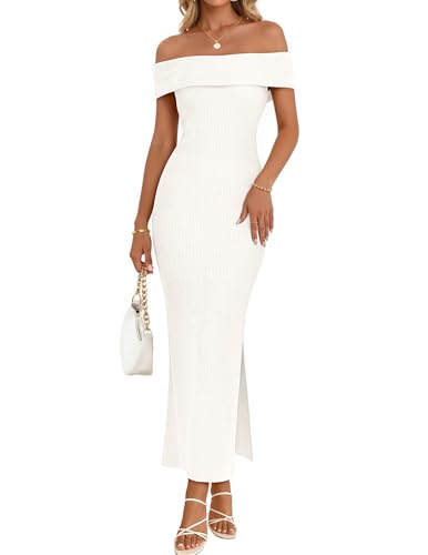 MEROKEETY Womens 2026 Off Shoulder Bodycon Midi Dress Summer Spring Formal Elegant Knit Sweater Dresses, White, Small