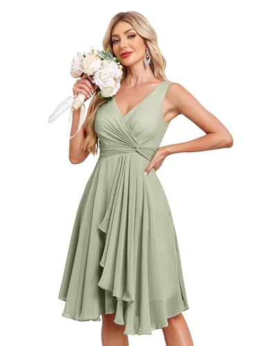 Image of Women's V Neck Short Bridesmaid Dresses 2025 Ruched Waist A Line Chiffon Formal Cocktail Party Dress