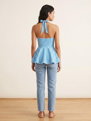 Image of Women's Gingham Halter Neck Peplum Top, Sleeveless, Casual Summer Blouse