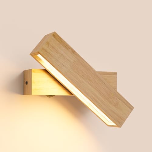 HMAKGG LED Apliques de Pared Dormitorio con Interruptor, Lámpara de pared Interior Madera Giratorio 350 °,Blanco Cálido Luz de Pared Pasillo Escaleras