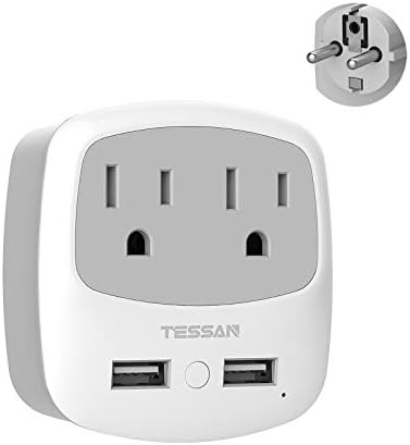 Germany France Travel Power Adapter,TESSAN Schuko Plug with 2 USB Ports 2 AC Outlets, US to European Europe German French Spain Iceland Norway Russia Korea Adaptor(Type E/F)