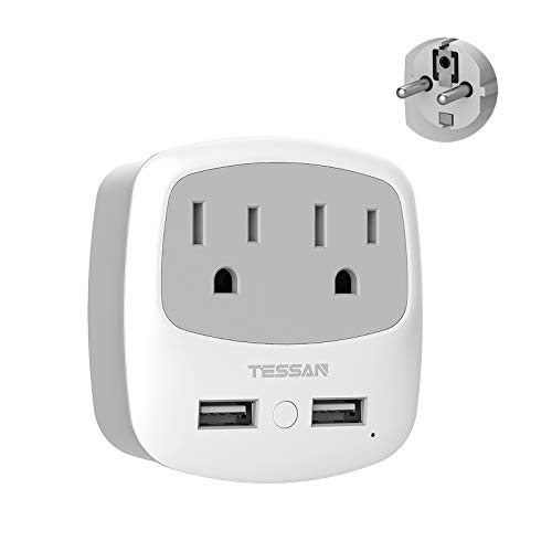 European Travel Plug Adapter Converter, TESSAN International Power Plug Converter with 2 USB, Type C Outlet Adaptor Charger for US to Most of Europe EU Iceland Spain Italy France Germany Gra