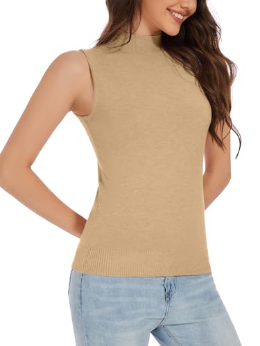 Image of Sleeveless Mock Neck Knit Tops for Women Slim Fit Turtleneck Sweater Vest Business Work Tank Pullover