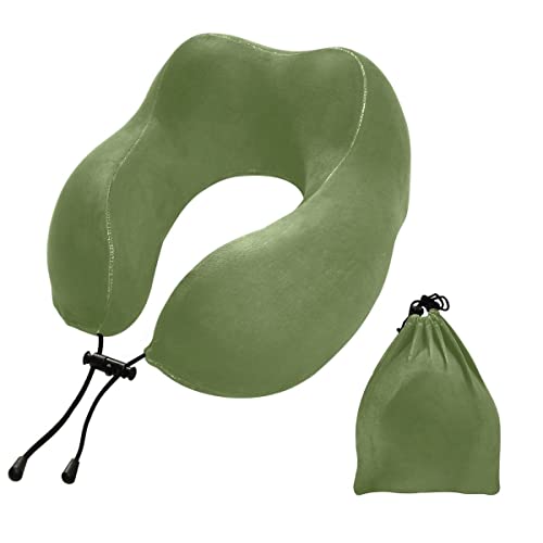 Nander Plain Dark Olive Green Solid Color Travel Pillow - Memory Foam Neck Cushion - Support Neck Pillow with Storage Bag-Travel Neck Pillow for Car Airplane Work School