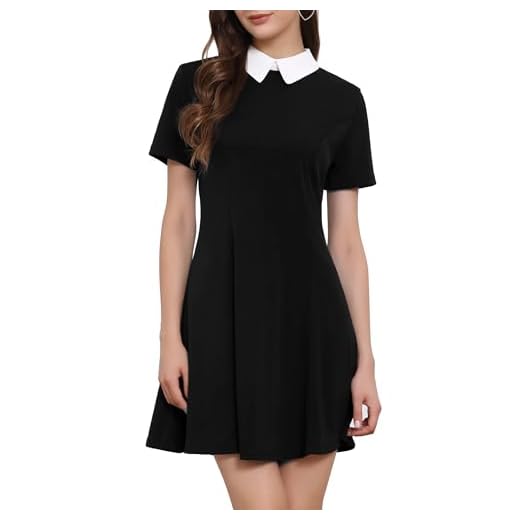 Allegra K Casual para Mujer, Cuello Peter Pan, Mangas Cortas, Vestido De Punto Acampanado por Encima De La Rodilla Negro M