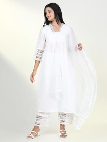 Image of SHOWOFFFF Women Solid Three-Piece Anarkali Festive Kurta Set | V Neck 3 /4th Sleeves Cotton Kurta Set for Womens | Mid-Rise Regular Fit Calf Length Kurta Set for Women's