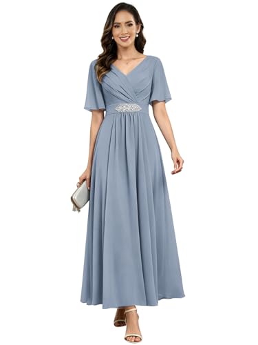 Image of Women's Chiffon Mother of The Bride Dresses A Line Pleated Long Formal Wedding Guest Dress