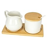 bssmmai Milch und Zucker Set mit Deckel und Löffel, Milchkännchen Schwarz Keramik und Zuckerdose mit Holz Tablett, Milchkanne Spülmaschinen- und Mikrowellengeeignet (Weiß)