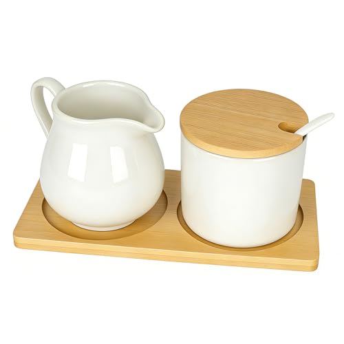 bssmmai Milch und Zucker Set mit Deckel und Löffel Milchkännchen Schwarz Keramik und Zuckerdose mit Holz Tablett Milchkanne Spülmaschinen- und Mikrowellengeeignet (Weiß)