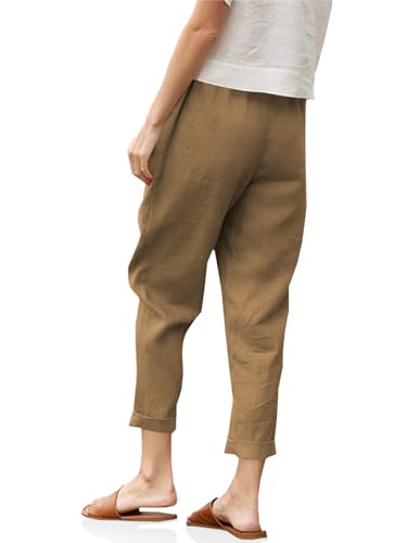 Langwyqu Womens Casual Cotton Tapered Capri Cargo Pants Loose Elastic Waist Ankle Cropped Trouser with Pockets