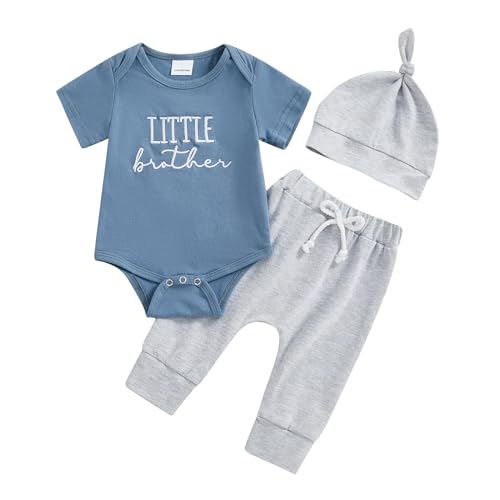 Image of Xiaodriceee Baby Boy Fall Outfits Letter Embroidery Crew Neck Long Sleeve Rompers Long Pants Hat 3Pcs Clothes Set