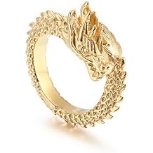 Kemstone Mens Stainless Steel Dragon Head Ring Gold Vintage Adjustable Open Band Jewelry